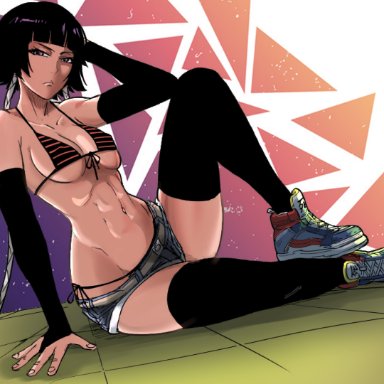 bleach, soifon, sui-feng, bikini top, black hair, body, braids, female, female only, hips, legs, purple eyes, shoes, short hair, shorts