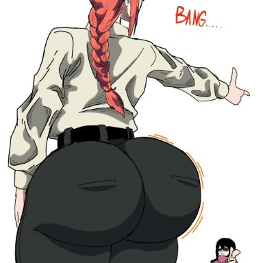 chainsaw man, makima (chainsaw man), nayuta (chainsaw man), bendraws, big ass, pointing at another, red hair