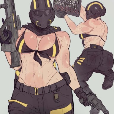 helldivers 2, yoracrab, 1girls, abs, athletic female, breasts, dat ass, muscular female, sweat, sweatdrop, sweating