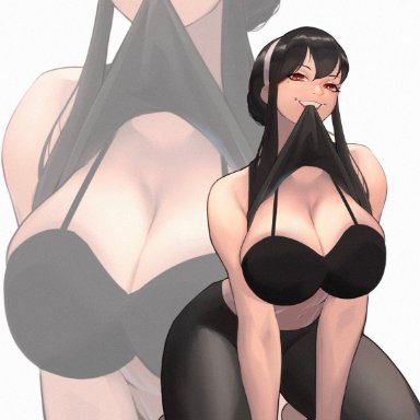 spy x family, yor briar, yor forger, zukululuu, 1girls, beauty mark, big breasts, black bra, black hair, bra, busty, curvy, hairband, kneeling, lifting shirt