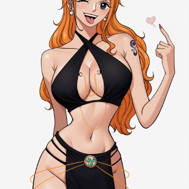 one piece, shounen jump, nami, nami (one piece), prixmal, 1girls, bare arms, bare legs, bare shoulders, bare thighs, blush, clothed, clothing, crown, dress