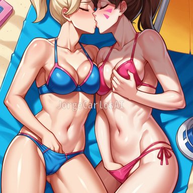 blizzard entertainment, overwatch, overwatch 2, d.va, mercy, jorgecarlosai, 2girls, big breasts, bikini, bisexual, bisexual (female), blonde female, blonde hair, blonde hair female, blue bikini