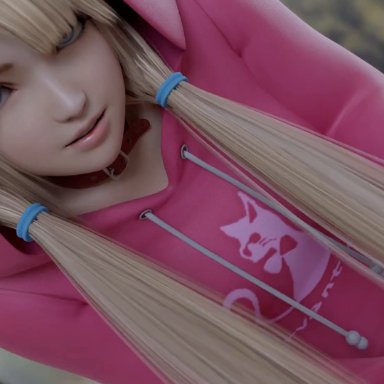 dead or alive, marie rose, spizzy, 1boy, 1girls, blonde female, blonde hair, blonde hair female, blue eyes, female, hood up, hoodie, male, pink hoodie, pink sweater