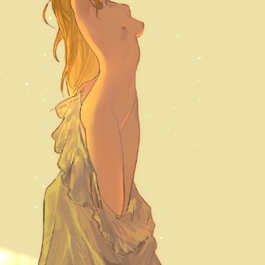 breath of the wild, nintendo, the legend of zelda, princess zelda, zelda (breath of the wild), yushx31, 1girls, arm up, armpits, blonde hair, breasts, clothes pull, completely nude, dress, female