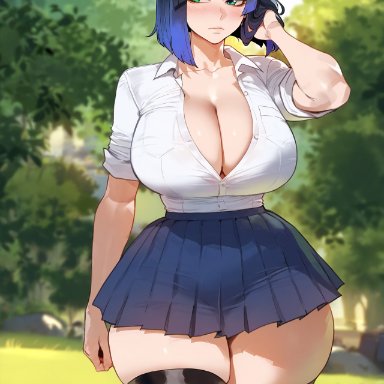 genshin impact, yelan (genshin impact), floox, 1girls, blue hair, breasts, female, green eyes, hips, huge breasts, light skin, light-skinned female, short hair, thick thighs, thighs