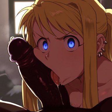 fullmetal alchemist, winry rockbell, abasta, 1boy, 1girls, angry, angry expression, angry face, bed, bedroom, blonde hair, blowjob, blue eyes, breasts, dark