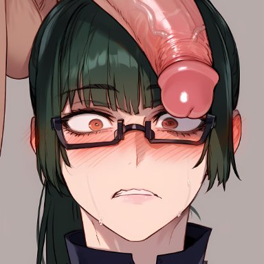 jujutsu kaisen, zenin maki, waffle chan, blowjob, glasses, light-skinned male, penis on face, penis worship, suprised look, ai generated