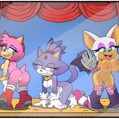 sonic (series), sonic the hedgehog (series), amy rose, blaze the cat, rouge the bat, leatherruffian, 3girls, against glass, amber eyes, areolae, ass, big ass, big breasts, blue eyes, breasts