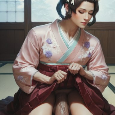 gyakuten saiban, the great ace attorney, susato mikotoba, babski326, 1futa, balls, balls under clothes, black hair, bottomless skirt, closed eyes, closed mouth, clothes lift, dark penis, flaccid, floral print