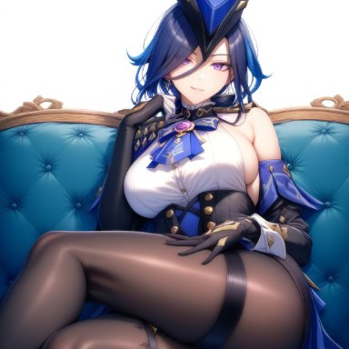 genshin impact, clorinde (genshin impact), 1girls, blue hair, breasts, crossed legs, female, female only, large breasts, legs, pantyhose, purple eyes, sideboob, smile, ai generated