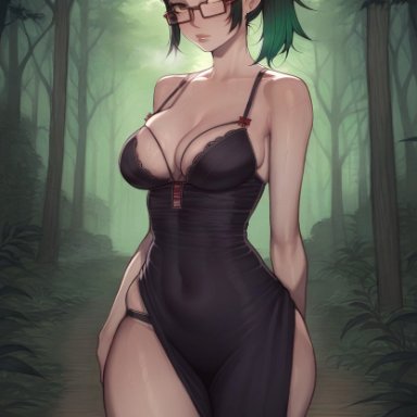 jujutsu kaisen, zenin maki, wanuze, big ass, big breasts, big butt, big nipples, big thighs, black bodysuit, black dress, blush, forest, from behind, glasses, green hair