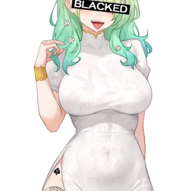 blacked, hololive, hololive english, hololive english -council-, hololive english -promise-, ceres fauna, bluefield, 1girls, big breasts, big hips, breasts, dress, green hair, hips, horns