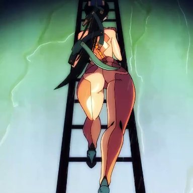 stellar blade, eve (stellar blade), benek, serafin (artist), 1girls, ass, black hair, bodysuit, high heels, indoors, ladder, ponytail, skin suit (stellar blade), skintight, skintight bodysuit