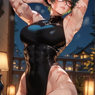 jujutsu kaisen, zenin maki, a1exwell, abs, armpits, arms behind head, dress, female, in heat, muscular female, pelvic curtain, scar, scar on face, scars all over, sleeveless