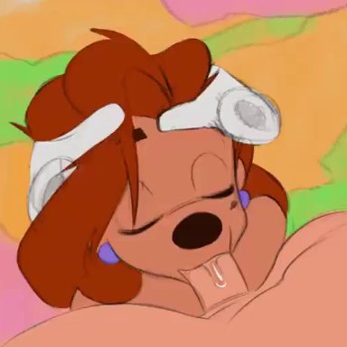 disney, goof troop, roxanne (goof troop), thehumancopier, 1boy, 1girls, anthro, anthro on anthro, beauty mark, blowjob, brown eyes, brown nose, canid, canine, canis
