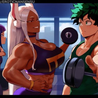 my hero academia, izuku midoriya, jirou kyouka, kyoka jiro, midoriya izuku, miruko, rumi usagiyama, erotic nansensu, 1boy, 1girls, abs, animal ears, bare arms, bare shoulders, challenge