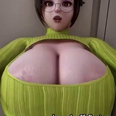 overwatch, overwatch 2, mei (overwatch), almightypatty, raptoraudiosfx, theblackmissus, 1boy, 1girls, apple green clothing, areola slip, assertive female, big areolae, big nipples, bottomless, bouncing breasts
