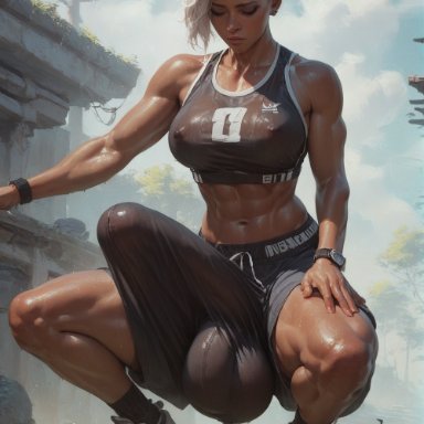 santarvengar, 1futa, athletic, big breasts, bulge, crouching, dark skin, futanari, huge balls, huge penis, muscular, penis shaped bulge, short hair, sweat, white hair