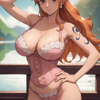 one piece, shounen jump, weekly shonen jump, nami, nami (one piece), alex-schura, 1girls, arm behind head, arm tattoo, arm up, athletic, athletic female, bare shoulders, bare thighs, blush