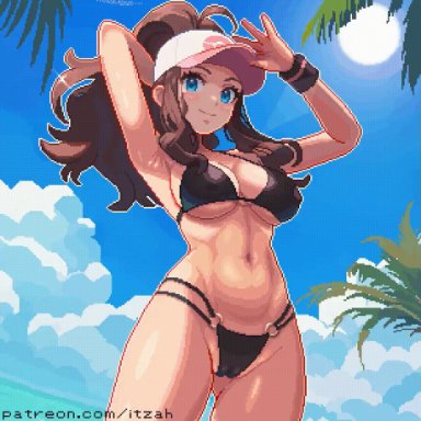 pokemon, hilda (pokemon), itzah, bikini, blue eyes, brown hair, animated, gif