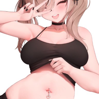 hololive, hololive english, hololive english -council-, hololive english -promise-, nanashi mumei, prab, 1girls, belly button, belly button piercing, breasts, brown hair, female, large breasts, light skin, light-skinned female
