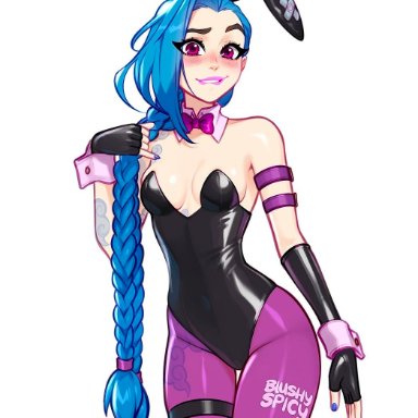 riot games, jinx (league of legends), blushypixy, blushyspicy, 1girls, biting lip, blush, blush lines, bunny ears, bunnysuit, female, female only, human, looking at viewer, smile