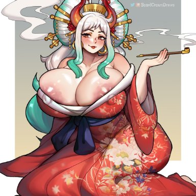 one piece, yamato (one piece), suavicreamdraws, 1girls, areola slip, areolae, big areola, breasts, cleavage, female, female only, geisha, hair ornament, huge areolae, huge breasts