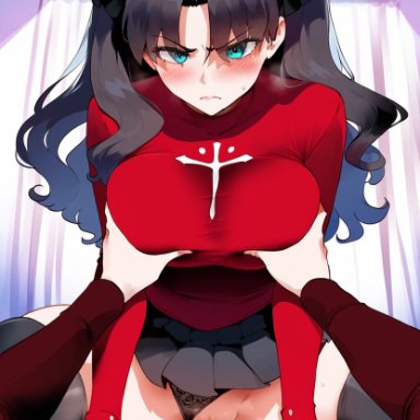 fate (series), tohsaka rin, tittyg-ai, 1boy, 1girls, annoyed, blush, breast grab, cowgirl position, panties aside, penis, pov, sweater, upskirt, vaginal penetration