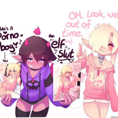 max (hoodie), hoodie (artist), 1boy, 1demon, blonde hair, collar, cum, cum drip, cum inside, elf, elf ears, elf male, femboy, handjob, purple eyes