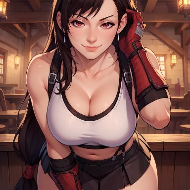 final fantasy, final fantasy vii, square enix, tifa lockhart, ditzyluna, bar, big breasts, blush, busty, cute, earrings, gloves, huge breasts, indoors, light skin