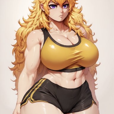 rwby, yang xiao long, relaps63, breasts, gym uniform, jlullaby (style), large breasts, long hair, solo, solo focus, wide hips, ai generated