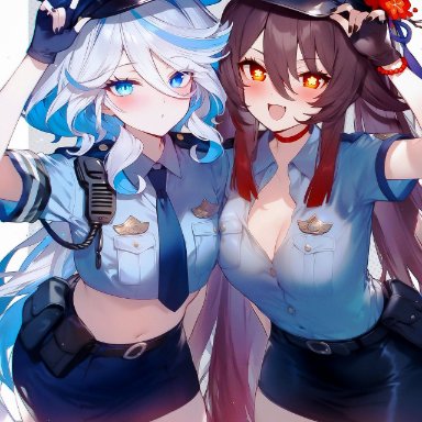 genshin impact, furina (genshin impact), hu tao (genshin impact), 2girls, belly, belt skirt, blue eyes, blue hair, blush, breasts, brown hair, female, female only, fishnets, hat