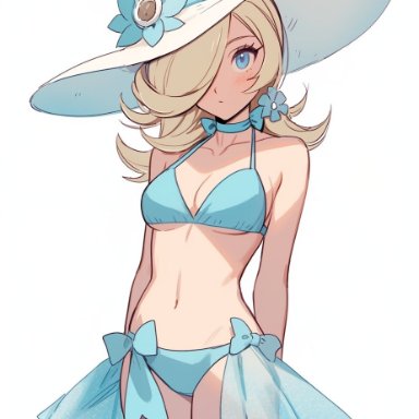 mario (series), nintendo, princess rosalina, itzah, 1girls, bikini, blonde hair, blue bikini, blue eyes, bow, cleavage, flower, hair over one eye, light skin, light-skinned female