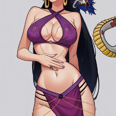 one piece, shounen jump, boa hancock, prixmal, 1girls, bare arms, bare legs, bare shoulders, bare thighs, big breasts, black hair, blue eyes, clothed, clothing, female