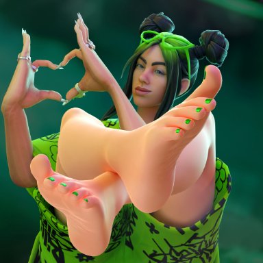 fortnite, billie eilish, camsad, feet, feet together, feet up, focus on feet, foot fetish, foot focus, green hair, green nails, nail polish, 3d, 3d (artwork), blender (software)