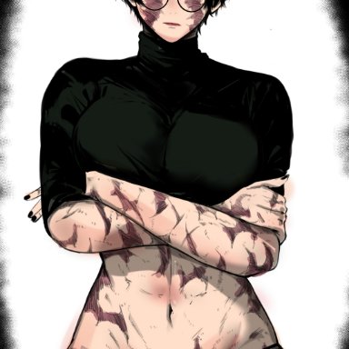 jujutsu kaisen, zenin maki, masoq095, black nails, burn scar, glasses, panties, color, color edit, colorized