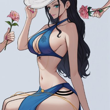 one piece, shounen jump, nico robin, prixmal, 1girls, bare arms, bare legs, bare shoulders, bare thighs, big breasts, black hair, blue eyes, clothed, clothing, female