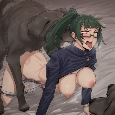 jujutsu kaisen, zenin maki, sentinel axis, ahe gao, big breasts, breasts, dog ears, doggy style, glasses, green hair, knot, knotted penis, no pants, shirt up, zoophilia