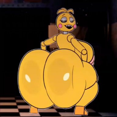 five nights at freddy's, toy chica (fnaf), asstronsfw, 1girls, ass bigger than head, ass focus, backboob, barefoot, big ass, big breasts, breasts bigger than head, completely nude, completely nude female, dumptruck ass, female