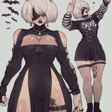 nier, nier: automata, yorha 2b, yoracrab, 1girls, abs, android, android girl, big breasts, black legwear, black lipstick, black nails, blindfold, blush, boob window