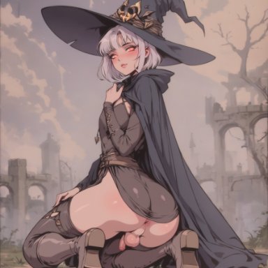 groupstation, anus, ass focus, boots, cloak, femboy, feminine male, flaccid, flaccid penis, girly, glowing eyes, kneeling, looking at viewer, moon, otoko no ko