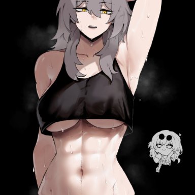 honkai (series), honkai: star rail, hoyoverse, mihoyo, stelle (honkai: star rail), masoq095, 1girls, abs, arm up, armpit, armpit crease, armpits, arms up, belly, belly button