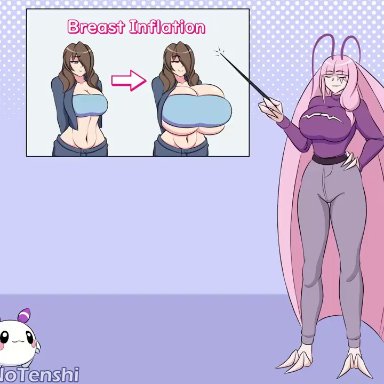 vshojo, matara kan, original character, sakanatenshi, 2girls, antenna hair, ass expansion, before and after, big breasts, bouncing breasts, breast expansion, brown hair, bursting breasts, cleavage, cockroach girl