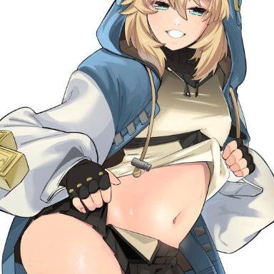 guilty gear, guilty gear strive, bridget, artist request, 1girl, ass, belly, belly button, blonde hair, blue clothes, blue eyes, blue jacket, grin, hood, hooded