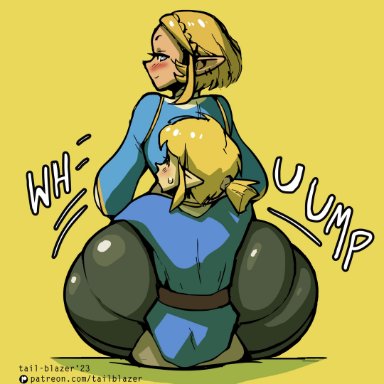 nintendo, tears of the kingdom, the legend of zelda, link, link (breath of the wild), princess zelda, zelda (tears of the kingdom), tail-blazer, ass, blonde female, blonde hair, blonde hair female, blush, breasts, elf