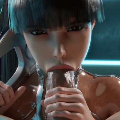 stellar blade, eve (stellar blade), dbgret, gretdb, 1boy, 1girls, blowjob, bodysuit, breasts, brown eyes, brown hair, female, huge breasts, huge cock, light skin