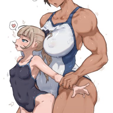 original, kei (m k), rika (m k), m k, bangs, blonde hair, blue eyes, breasts, brown hair, clothed, clothing, competition school swimsuit, dark skin, dark-skinned futanari, dry humping