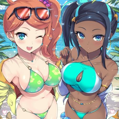 nintendo, pokemon, pokemon ss, chewtle, nessa (pokemon), pokemon (species), sonia (pokemon), yamper, kasai shin, 2girls, armband, beach, belly chain, bikini, black hair