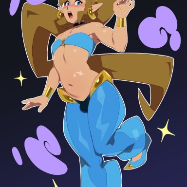 nintendo, shantae, the legend of zelda, link, shantae (cosplay), combos-n-doodles, 1boy, armpits, belly, biceps, blond hair, blond male, blue eyes, blush, blush lines