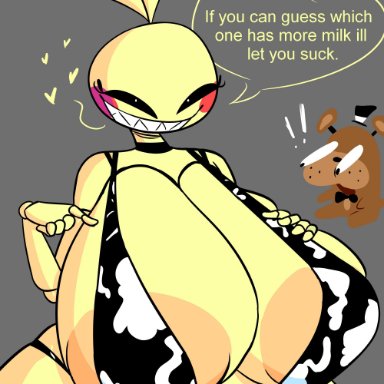 five nights at freddy's, toy chica (fnaf), cheeze burgr, ass bigger than head, bikini, breasts bigger than head, casual, casual nudity, cow bikini, female, female only, huge ass, huge breasts, inner sideboob, robot